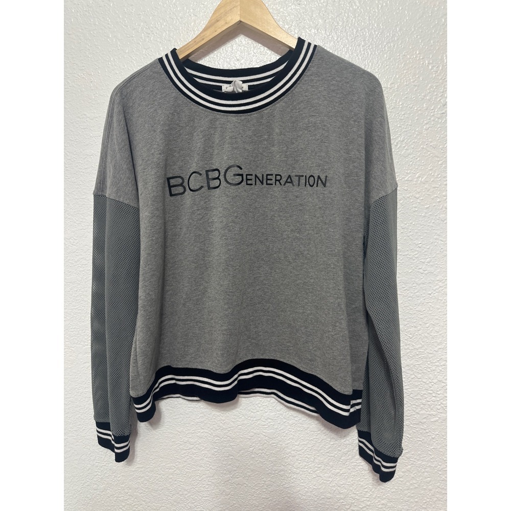 BCBGeneration Womens XL Gray Mesh Sleeve Logo Sweatshirt Striped Trim Pullover
